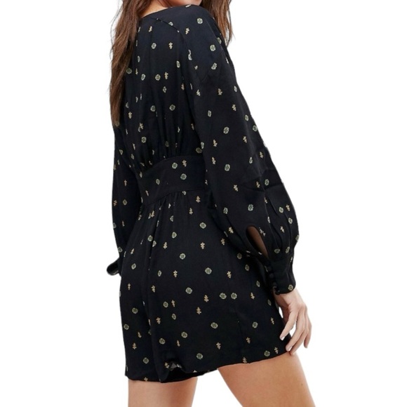 Free People Pants - FREE PEOPLE Love Grows Romper Print Long Sleeve Leggy Short, Black Combo, XS